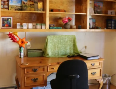 desk (with covered TV that gets cable and netflix)