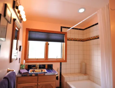 shower/bath; Mexican sink, decorative lighting